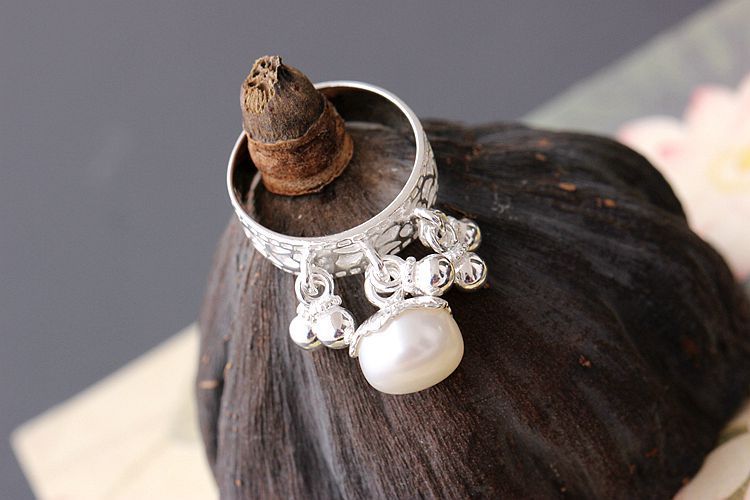 納福閣銀飾品批發 s925純銀小錢袋銀戒指 手工鑲天然珍珠食指環