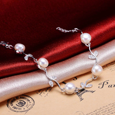 諸暨山下湖珍珠 銀飾品批發(fā)925銀鑲AAA級無暇天然淡水珍珠手鏈