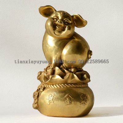 批發開光黃銅 黃金袋豬 金錢招財豬擺件 生肖豬 風水工藝品擺設